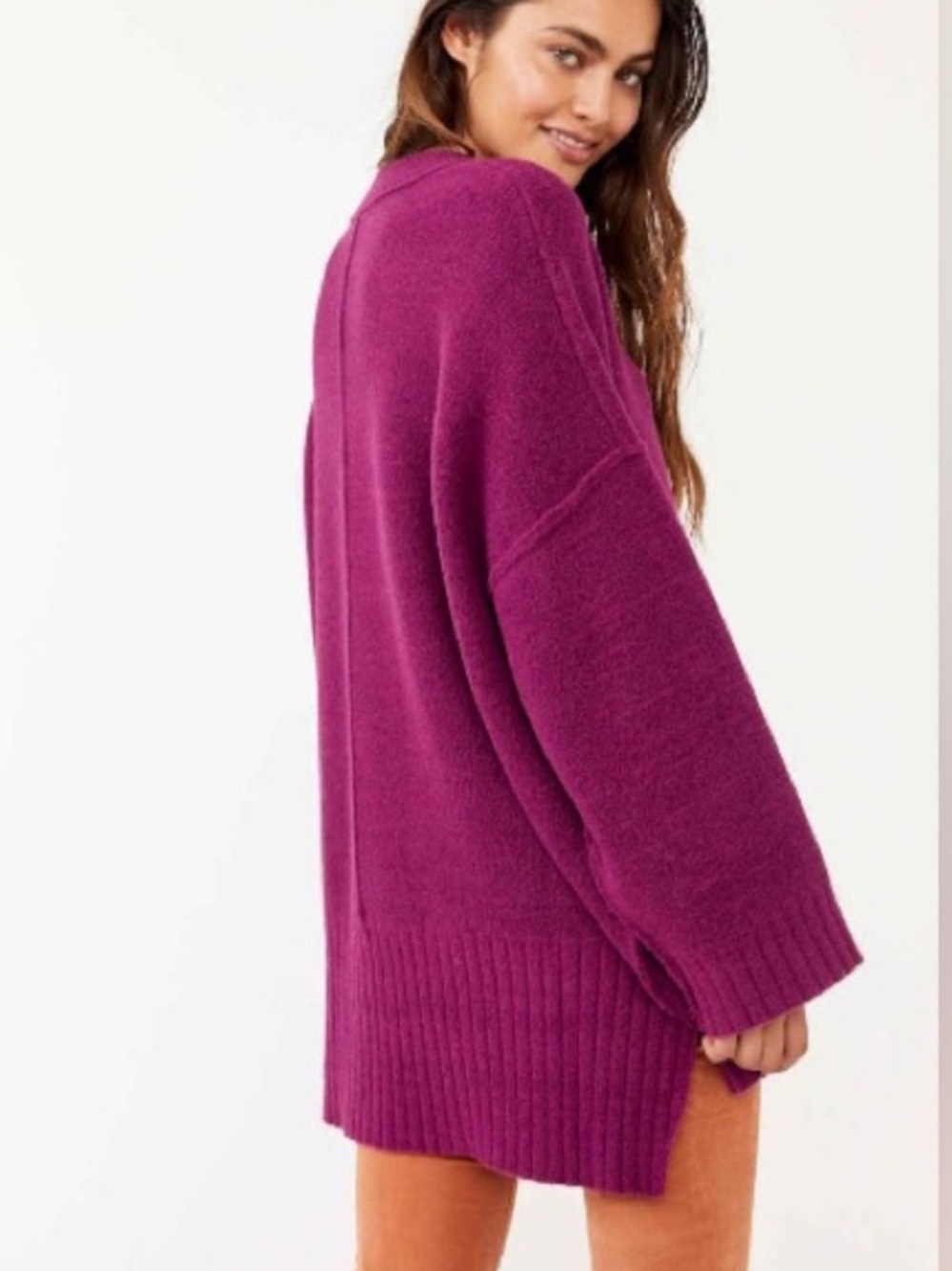 Free People Peaches Slouchy Oversized XS Tunic Sweater Chunky Knit Crewneck Plum - Picture 8 of 16